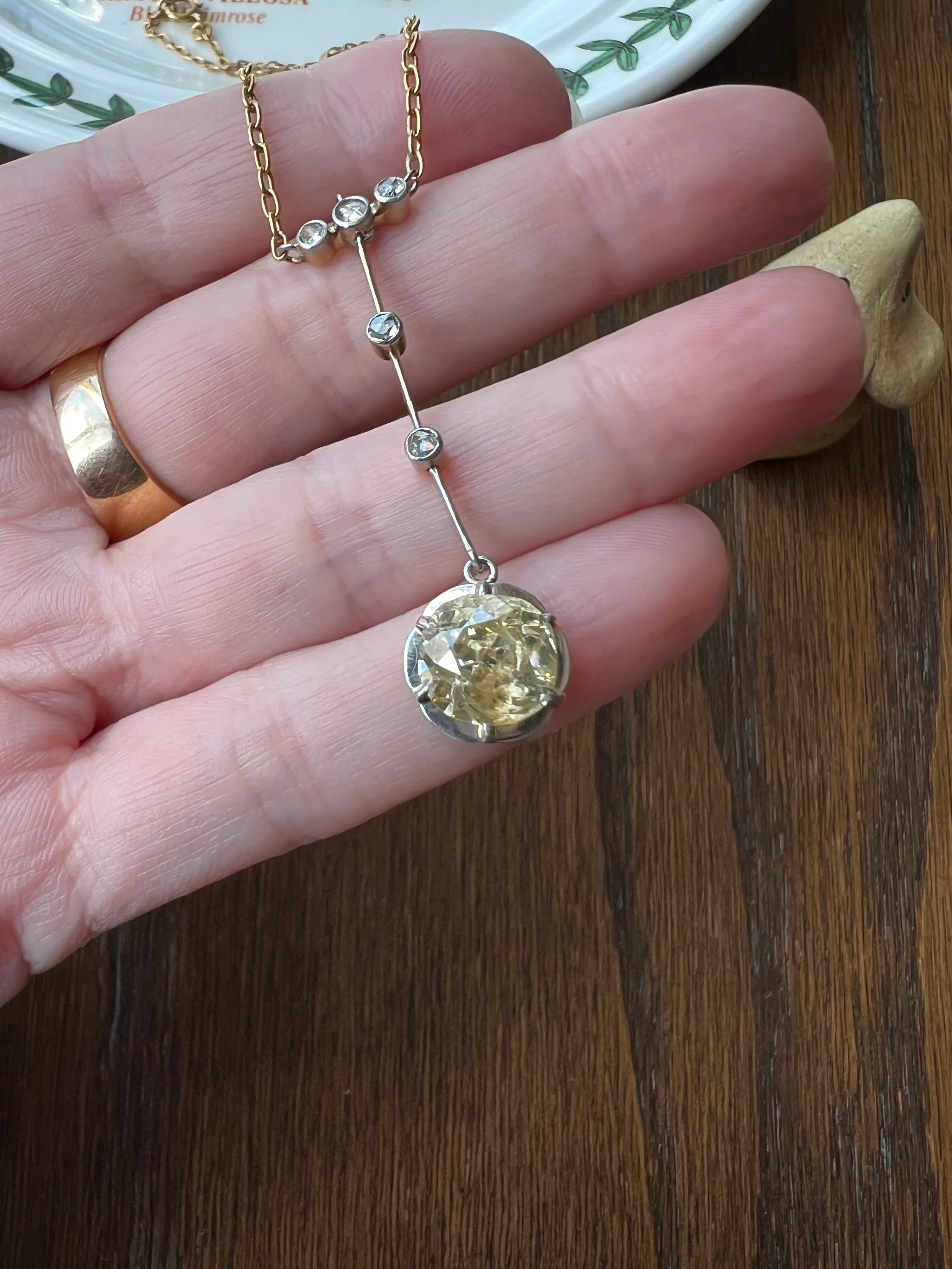 Antique 2.5 Carat Yellow Old Mine Cut DIAMOND Solitaire Pendant Rose Cut Accents on 18k Gold Chain French Necklace - Image 14