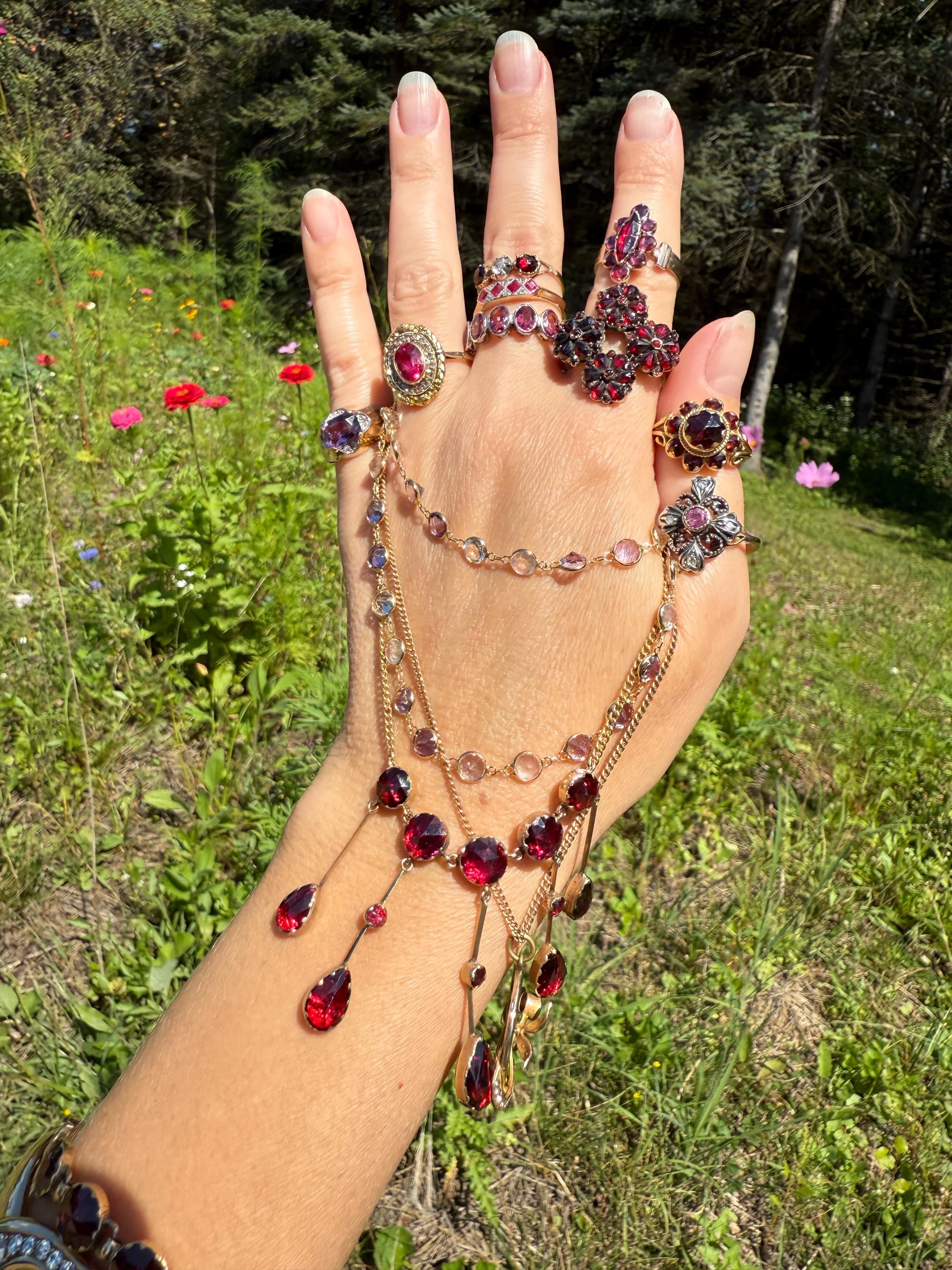 Vintage 25 CARATS Gemset Long Station Chain Guard 71 Rose Pink Quartz White Topaz Purple Amethyst 18k GOLD Necklace Harlequin - Image 9